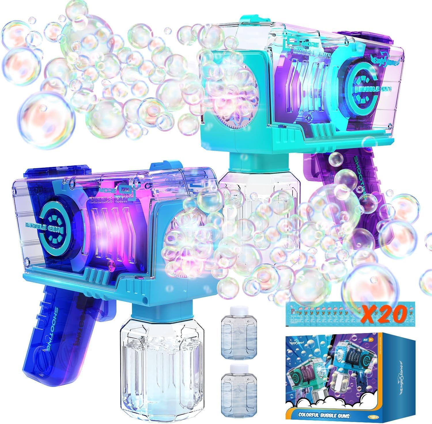 EagleStone Bubble Machine Guns 2 Packs with 2 Solutions 20 Concentrate | 10-Hole
