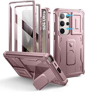 Dexnor per Cover Samsung Galaxy S24 Ultra con Copertura integrata della fotocamera scorrevole & Protezione dello schermo & Kickstand, Custodia resistente agli urti Copertura protettiva- Polvere Peonia