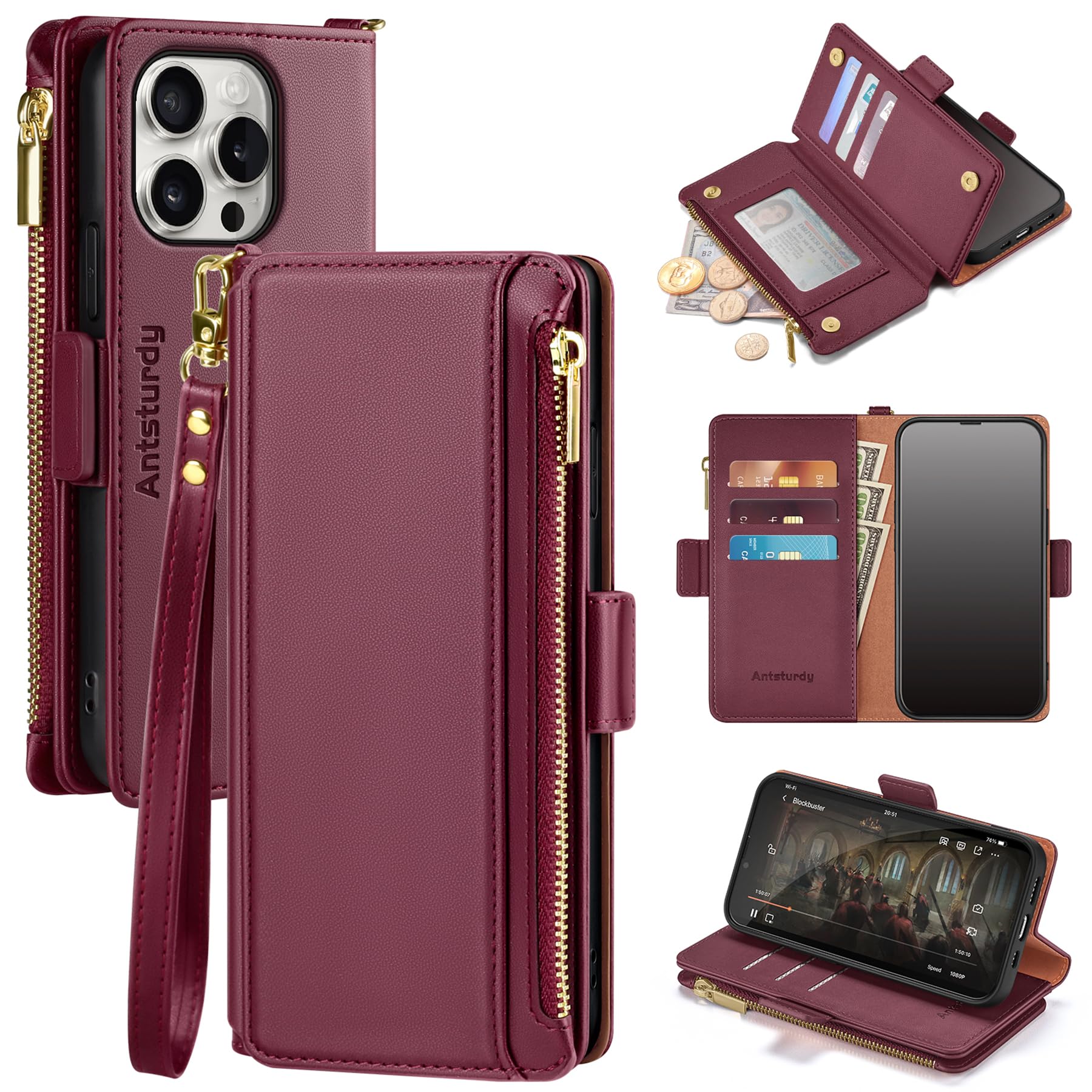 Antsturdy for iPhone 16 Pro Phone Wallet Case Women,Wine Red