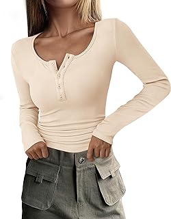 PRETTYGARDEN 2025 Spring Autumn Long Sleeve Henley T Shirt for Women Button Ribbed Slim Fit Casual Basic Top Blouse
