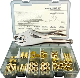 58PCS Hose Repair Kit, 1/4 I.D.Torch Hose Repair Kit, Air Hose Crimper Tool | for Air Hoses/Torch Hoses/Oxygen Acetylene Hoses, Include Fittings/Crimpingtool/Ferrules/Couplers/Braces/Nipples/Nuts Etc