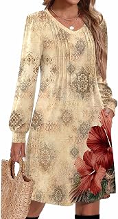 Zeagoo Fall Dresses for Women Long Sleeve Casual Pleated V Neck Dress 2026 A Line Tunic Dress