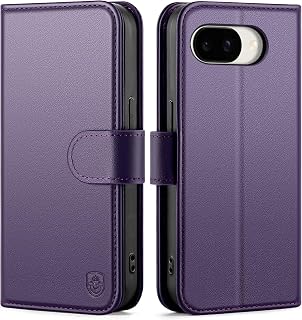 Compatible with Google Pixel 10a Genuine Leather Case Wallet with Card Holder,Women Men Real Leather Flip Folio RFID Blocking Credit Card Slots Kickstand Protective Phone Cover,Purple