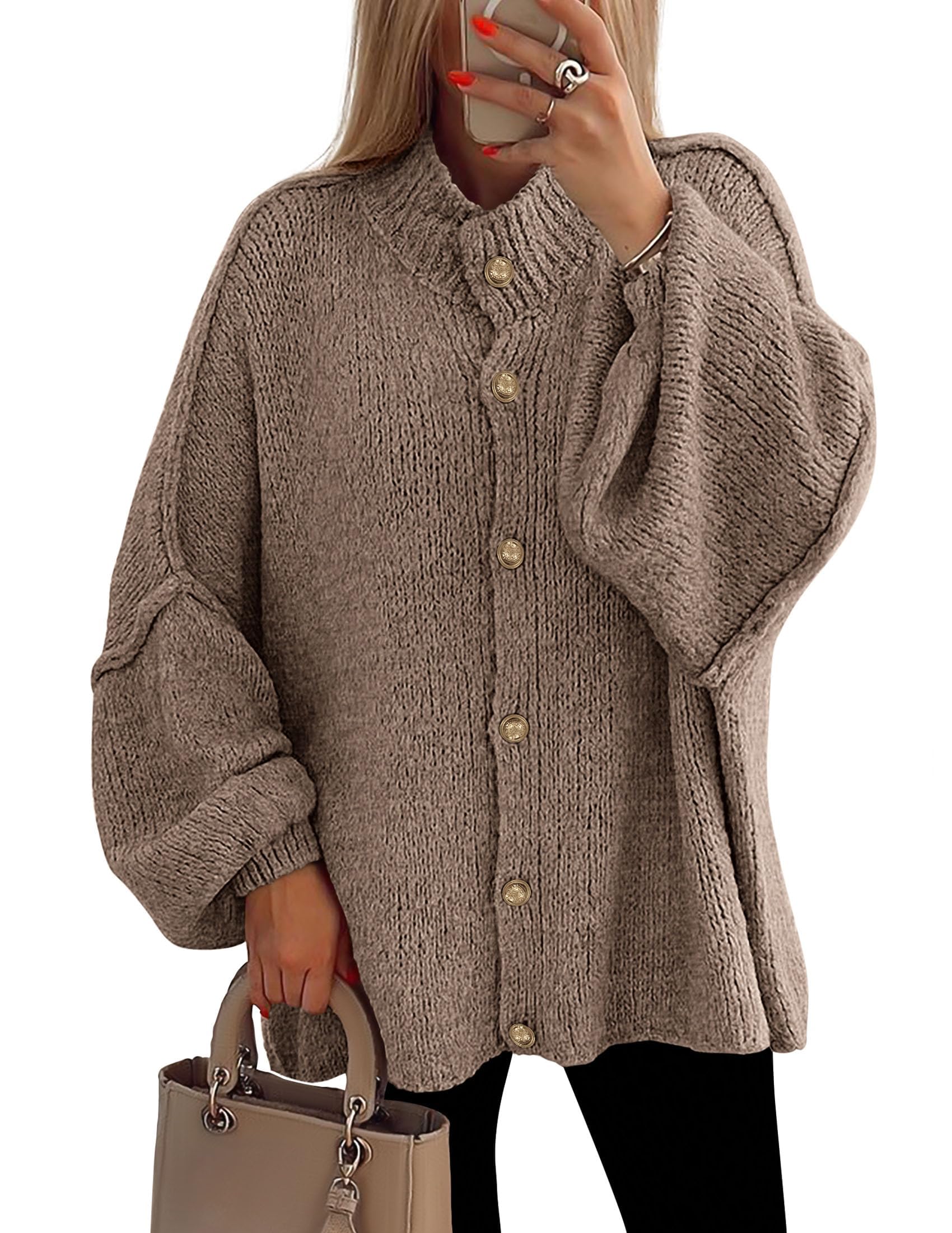 PRETTYGARDEN Women's Winter Cardigan with Buttons Turtleneck Long Sleeve Knitted