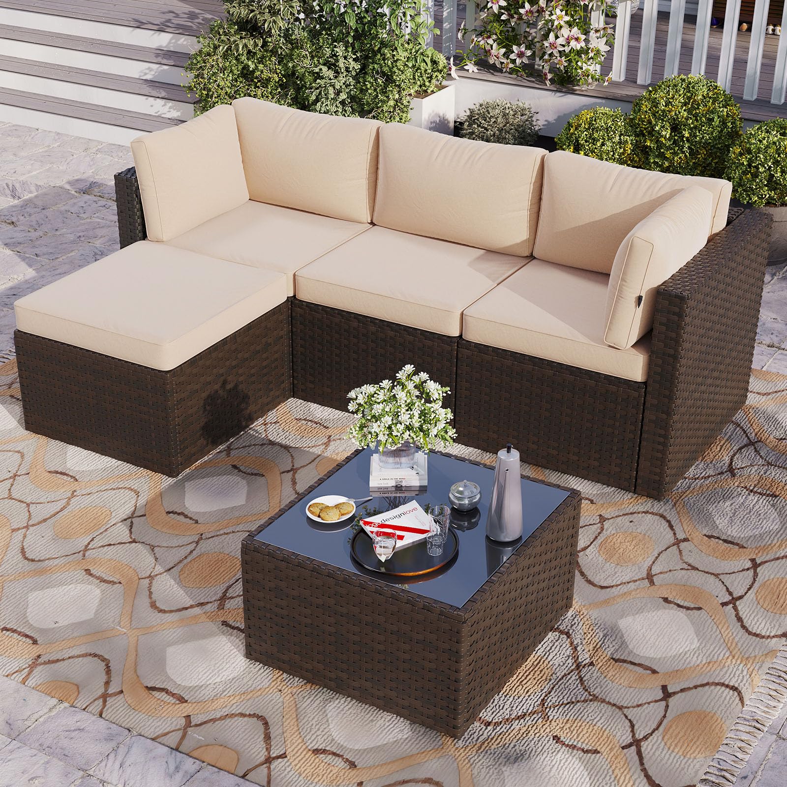 Aoxun 3 Piece Rattan Garden Furniture Set,All-Weather Corner Sofa Set with Thick