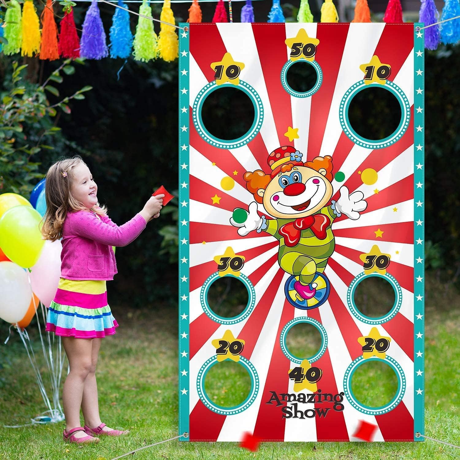 Carnival Clown Toss Game Banner with 3 Bean Bags for Kids and Adults in Carnival