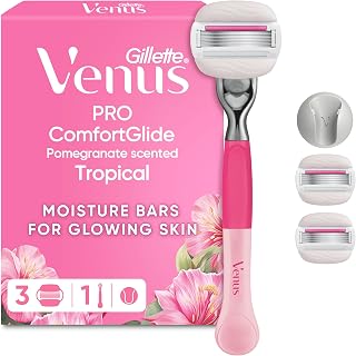 Gillette Venus Pro ComfortGlide Tropical Razor for Women Plus 3 Refills | 1 Handle & 3 Blade Refill, Pomegranate Scented, Olay Moisture Bars, Reusable Metal Handle, Shower Holder