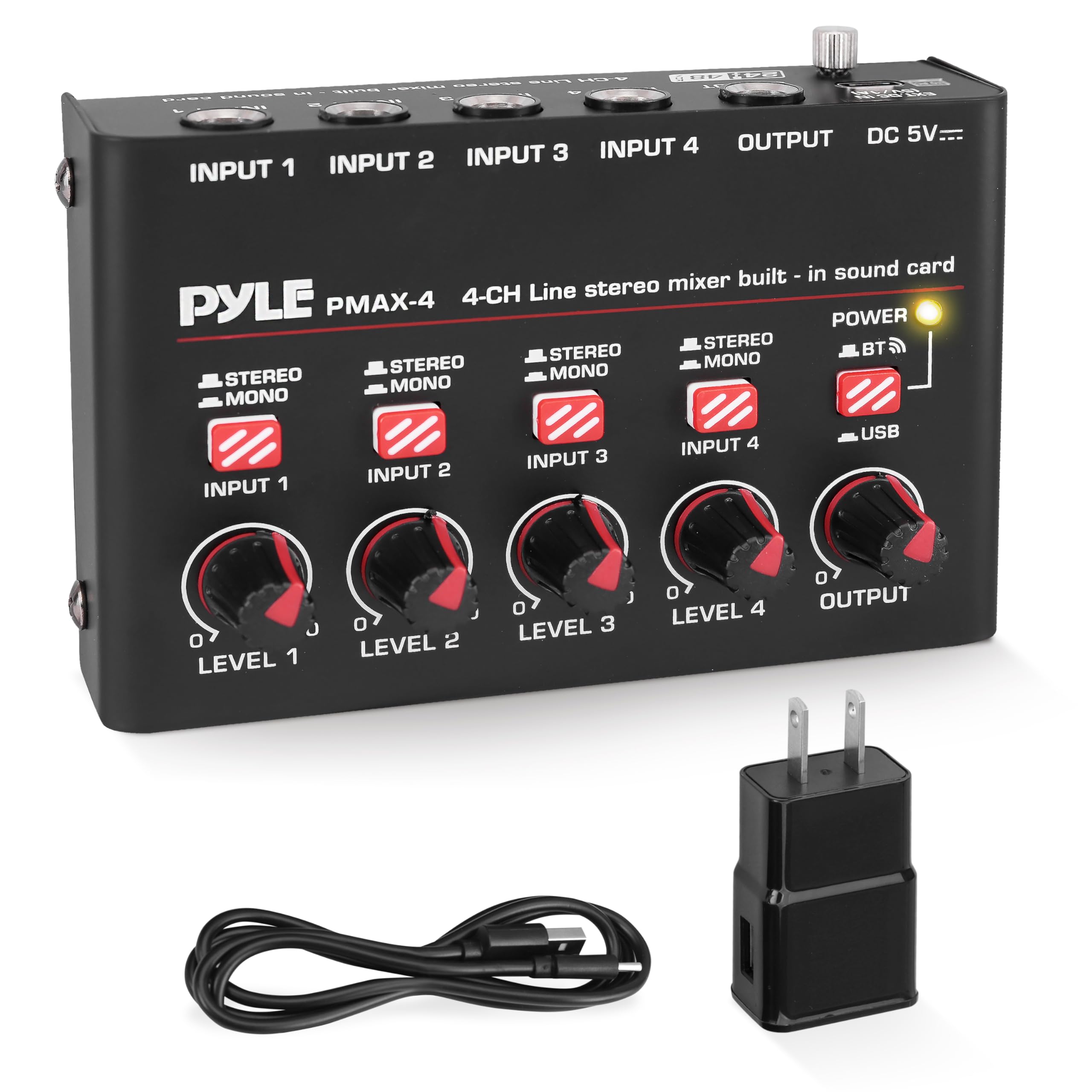Pyle 4-Channel Bluetooth Mini Line Mixer with USB Audio Interface - 4 Mono/Stere