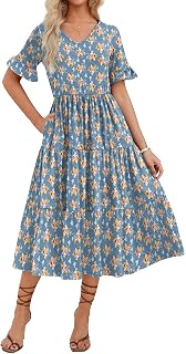 Zeagoo Women's Summer Dress Casual V-Neck Floral Short Sleeve Ruffle Beach Dress with Pockets