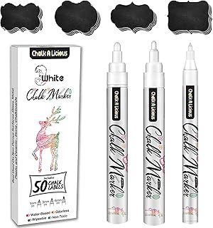 Chalk A licious 3x White Chalk Pens for Blackboards with 50 Black Labels - Liquid Chalk Markers - 1x(1mm,3mm,6mm) - Reversible Tips Bullet & Chisel