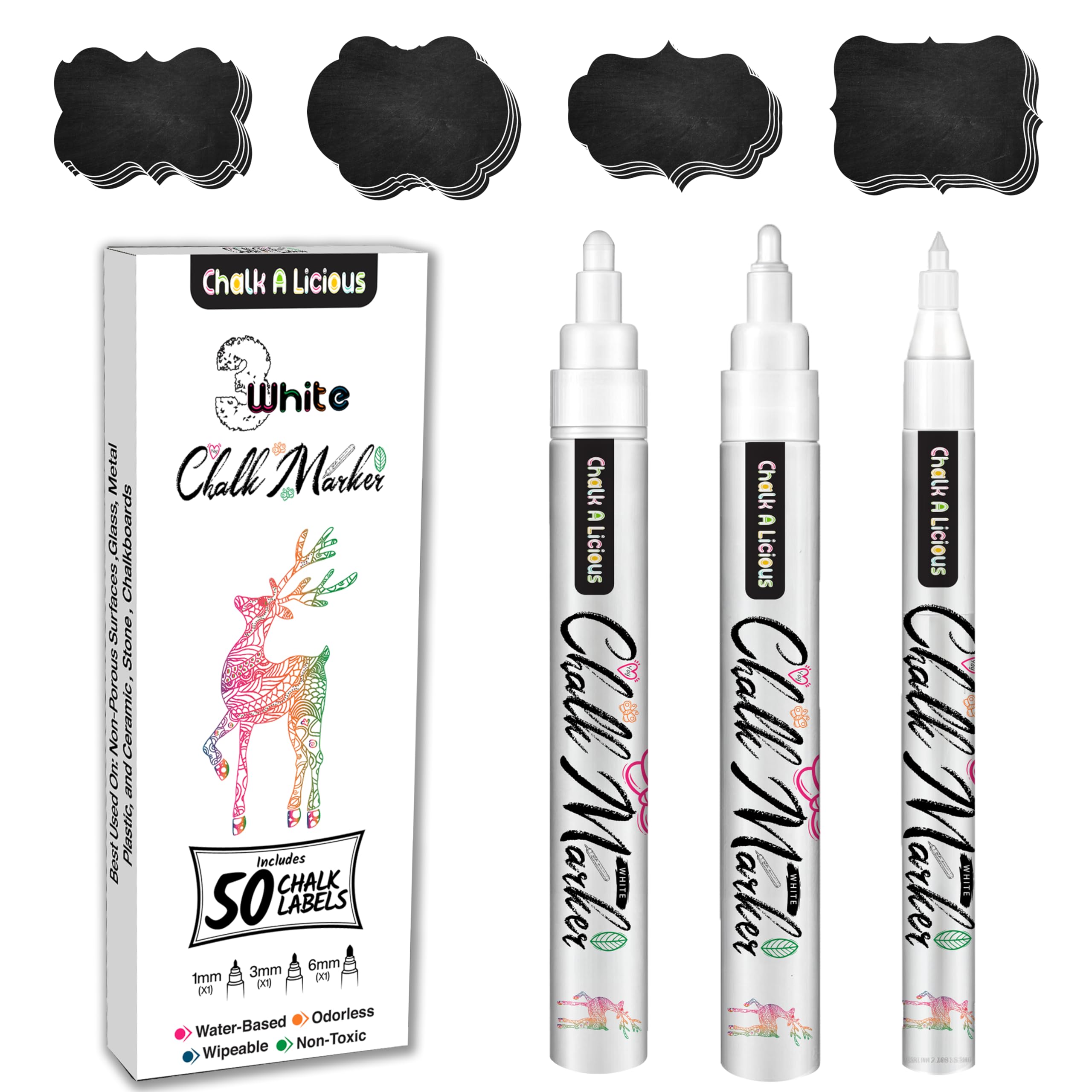 Chalk A licious 3x White Chalk Pens for Blackboards with 50 Black Labels - Liqui