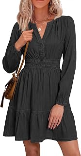 Simplee Womens Denim Dress Long Sleeve Western Cowgirl Jean Fall Mini Dress