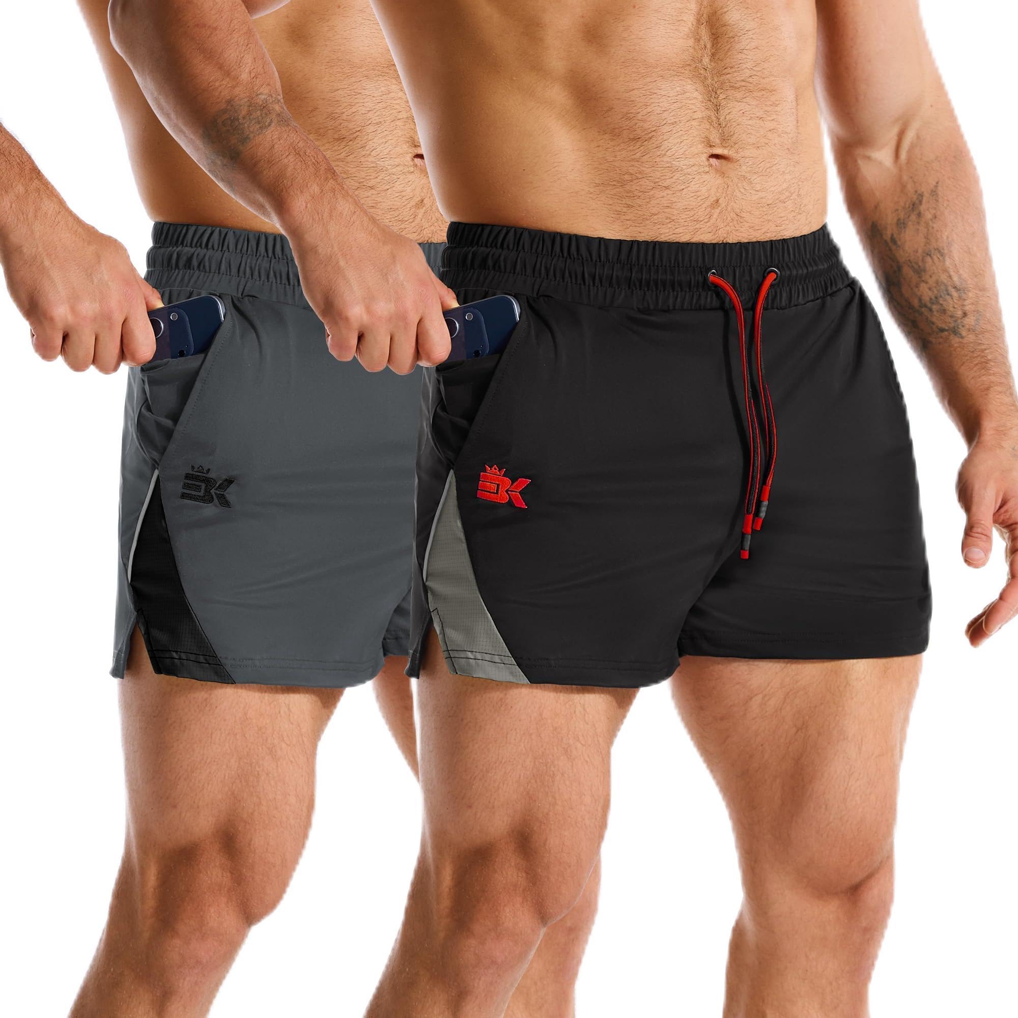BROKIG Mens 3 Inch Gym Workout Shorts Zip Pocket Lightweight
