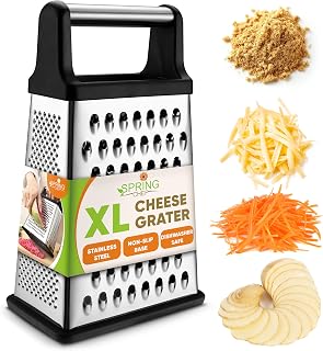 Spring Chef Stainless Steel XL Cheese Grater for Kitchen, Black | 4 Sided Manual Metal Box Grater for Carrot, Potato, Parmesan, Cheese Shredder, Professional Vegetable Grater, Dishwasher Safe