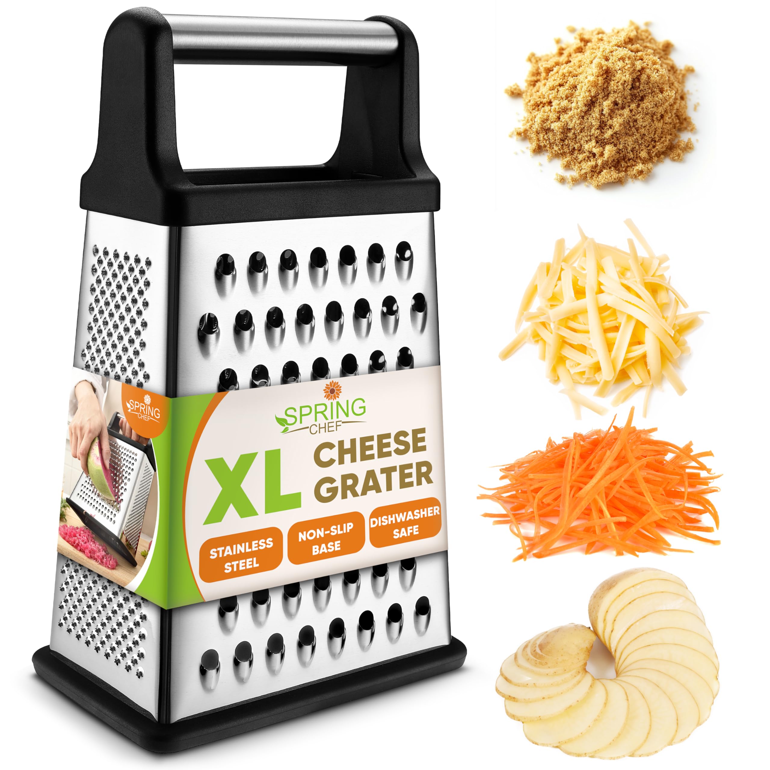 Spring Chef Stainless Steel XL Cheese Grater for Kitchen, Black | 4 Sided Manual