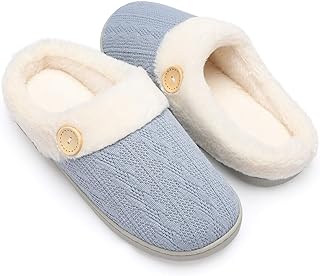 Chantomoo Women Slippers Comfortable Memory Foam Plush Bedroom Faux Fur Lined Knitted Warm Slippers Slip-on Shoes Lightweight Indoor Outdoor Rubber Sole