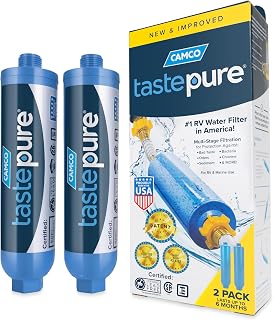 Camco Tastepure RV Water Filter 2-pk - GAC & KDF Filtration-Made in the USA | Advanced RV Inline Water Filter with 6-Step Patent-Protected Filtration - Camping Essentials for Fresh Drinking Water (40045)