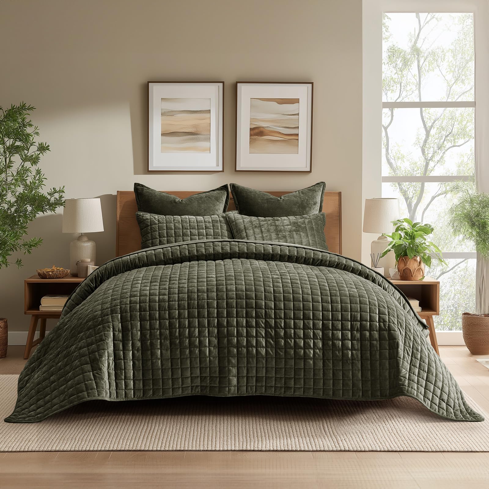 RECYCO Channel Box Stitch Velvet Quilt Set, King Size, Olive Green