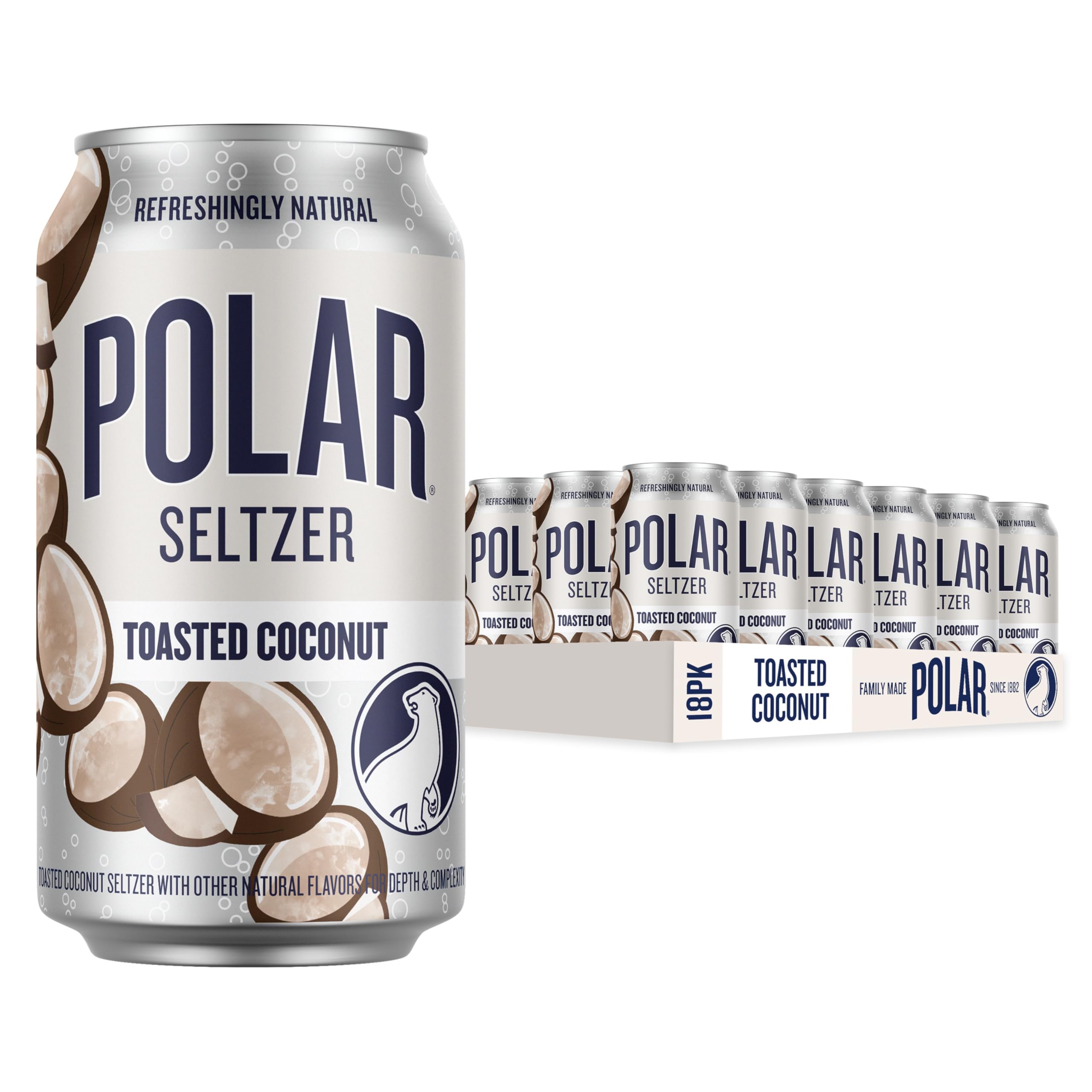 Polar Seltzer Water Toasted Coconut, 12 fl oz Cans, 18 Pack