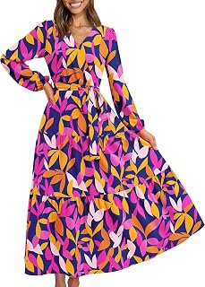 PRETTYGARDEN Women Long Sleeve V Neck Leopard Print Ruffle Tie Waist Maxi Dress Chiffon Bohemian Long Dress