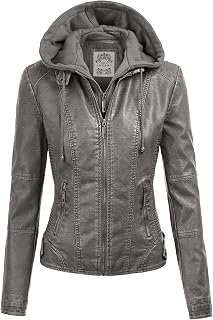 Made By Johnny Faux Leather Jacket Women Motorcycle Coat for Biker with Removable Hood