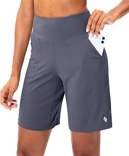 SANTINY Women's Bermuda Shorts with Zip Pocket High Waist Long Shorts for Running Athletic Workout
