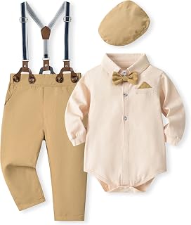 Volunboy Baby Boy Gentleman Set, Plaid Shirt with Bow Tie + Suspenders Pants 4 Pieces Suit Clothes