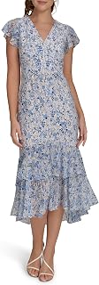 Tommy Hilfiger Women's Flutter Sleeve V-Neck Ruffle Trim Hi-Lo Midi Dress