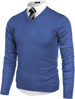 COOFANDY Suéter de manga larga con cuello en V para hombre, azul Denim, Small