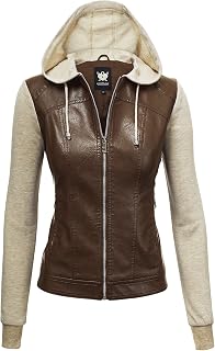 Lock and Love Women's Faux Leather Moto Biker Jacket Coat with Removable or Non-Removable Hood