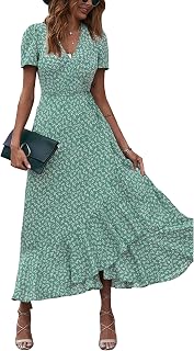 PRETTYGARDEN Summer Casual Boho V Neck Short Sleeve Ruffle Hem Long Dress