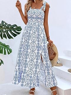 Women's Boho Floral Long Dress with Smocked Spaghetti Straps and Split Square Neck
