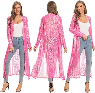 Women's Glitter Sequin Cardigan Long Sleeve Sparkle Duster Evening Party Cover Up Open Front Coat