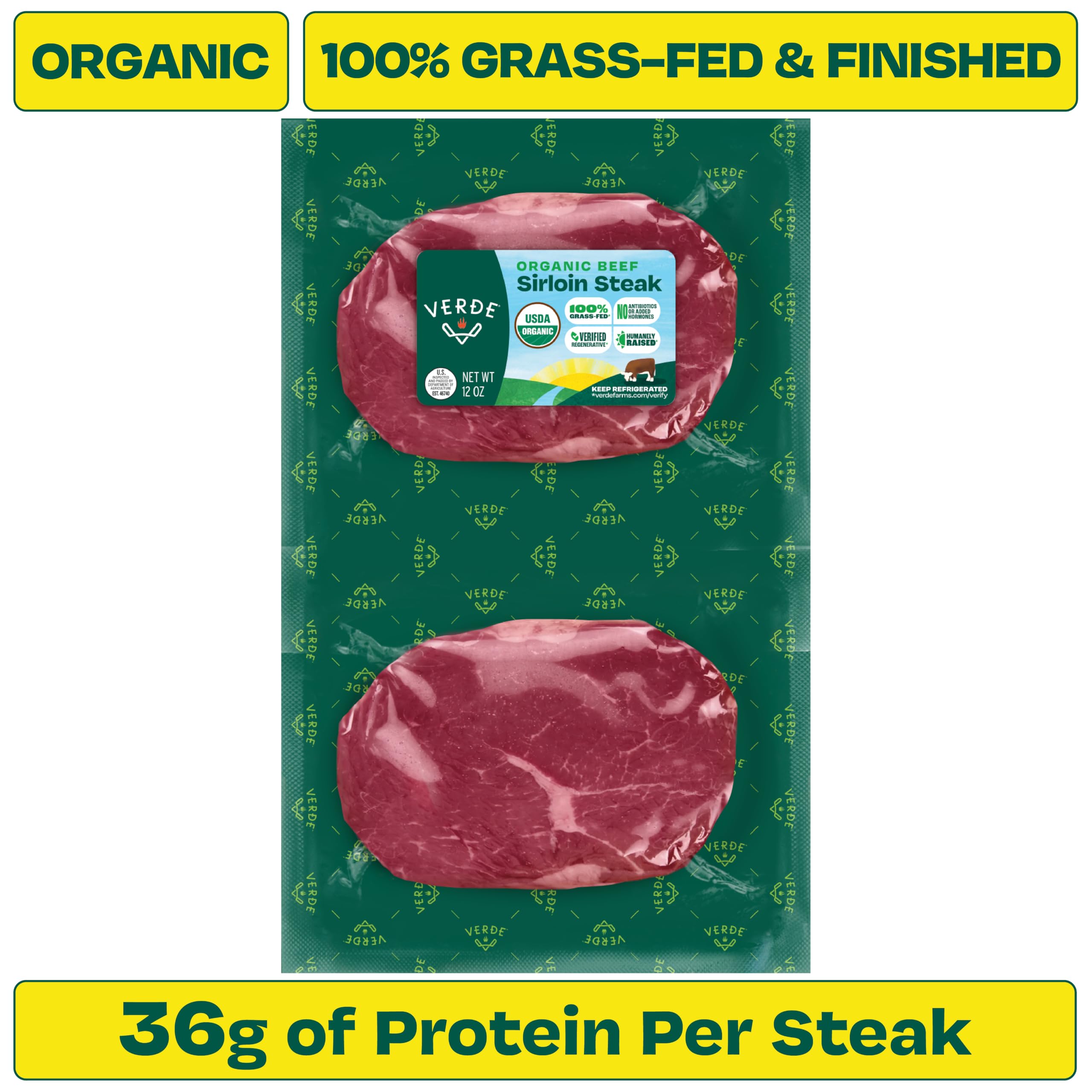 Verde Farms, Beef Sirloin Steaks, Organic, Grass-Fed | 0.75 lbs |Pack of 2