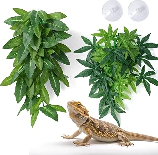 2Pcs Reptile Hanging Plants with Suction Cup for Terrarium Accessories, Artificial Hanging Vines Plants for Geckos Bearded Dragon Lizard Chameleon Habitat Decoration (Green, Green)