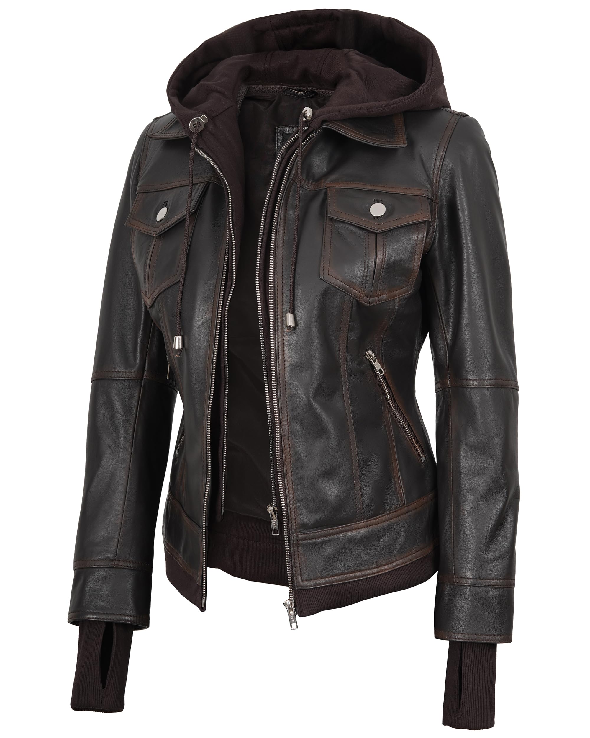 Decrum Real Lambskin Bomber Jacket Women with Detachable Hood