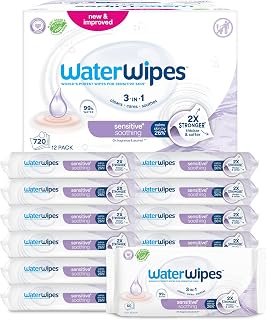 WaterWipes Sensitive+ Soothing Wipes, 99% Water, Unscented, 12 Pack | 3-in-1, cleans, cares & soothes skin with botanical extract, hypoallergenic, 0% fragrance & alcohol, 720 count for daily use