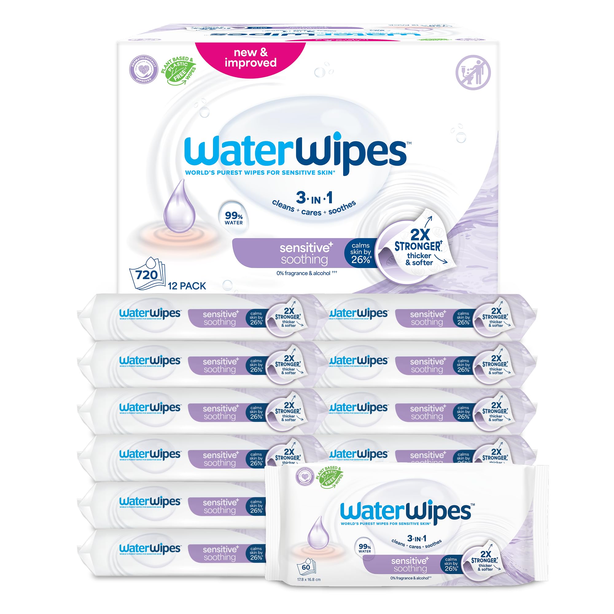 WaterWipes Sensitive+ Soothing Wipes, 99% Water, Unscented, 12 Pack | 3-in-1, cl