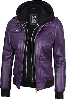 Blingsoul Womens Hooded Leather Jacket - Real Lambskin Bomber Leather Jacket Women With Detachable Hood