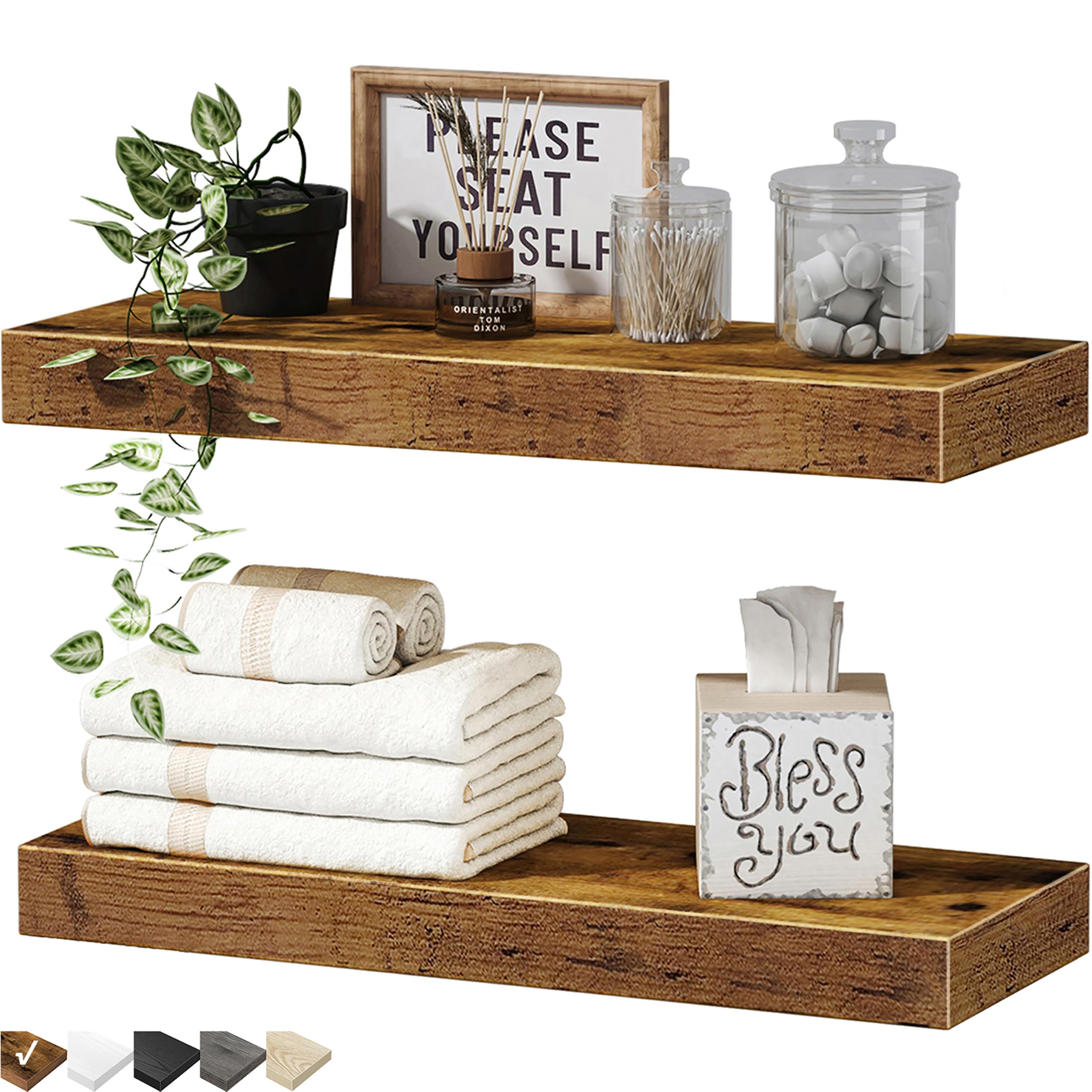 QEEIG Bathroom Floating Shelves for Wall (Brown, Set of 2, 15.7") | 16 inch Smal