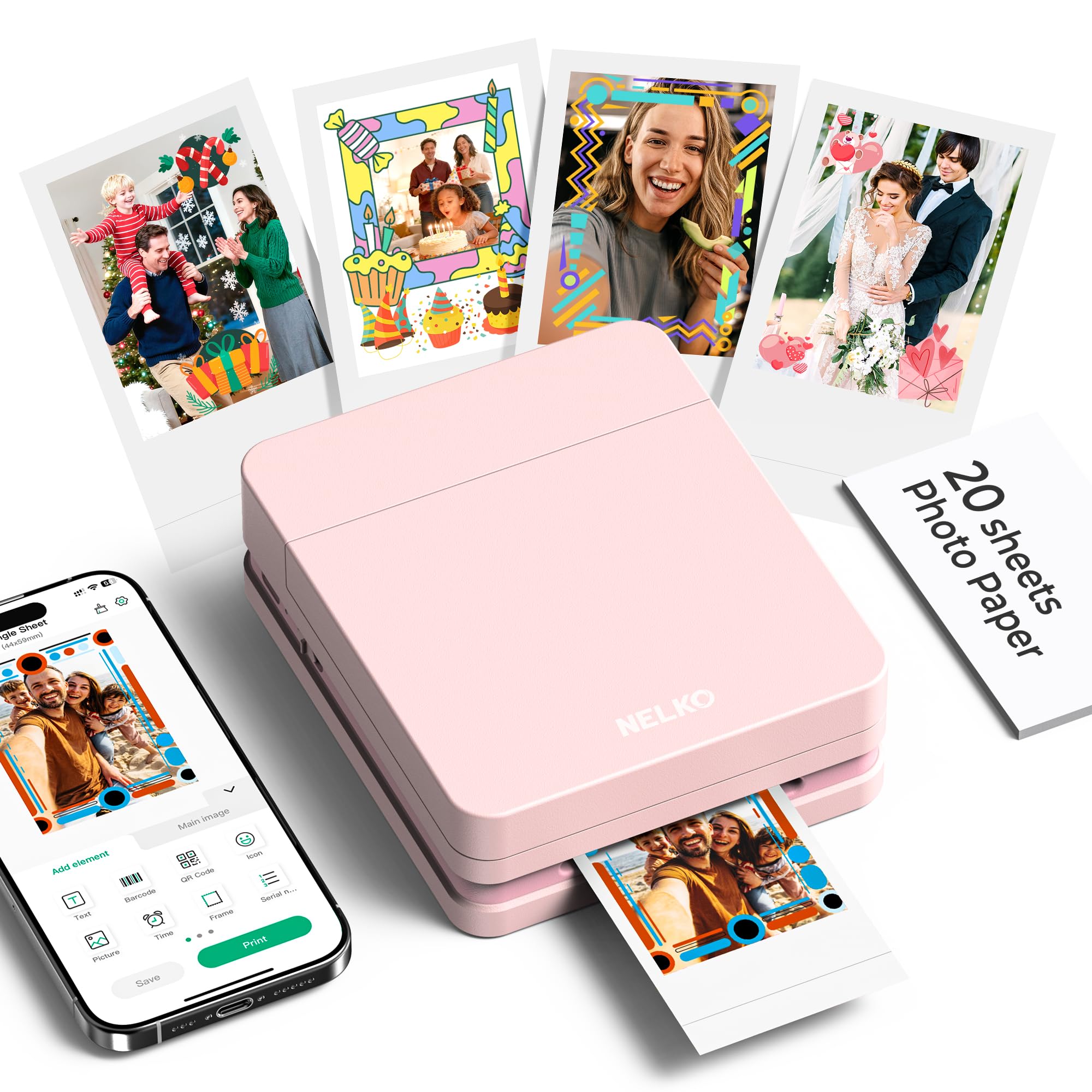 Nelko PP01 Photo Printer, 2x3 Portable Photo Printer, Mini Printer, Pink | Insta