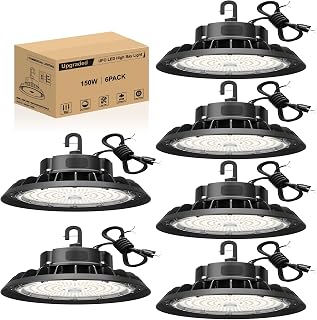 JC-LGL UFO LED High Bay Light 150W 6 Pack, High Bay LED Shop Light 22,500LM 0-10V Dimmable, 5' Cable with US Plug, Hanging Hook, Safe Rope, ETL Listed High Bay Light for Warehouse Factory Barn Shop