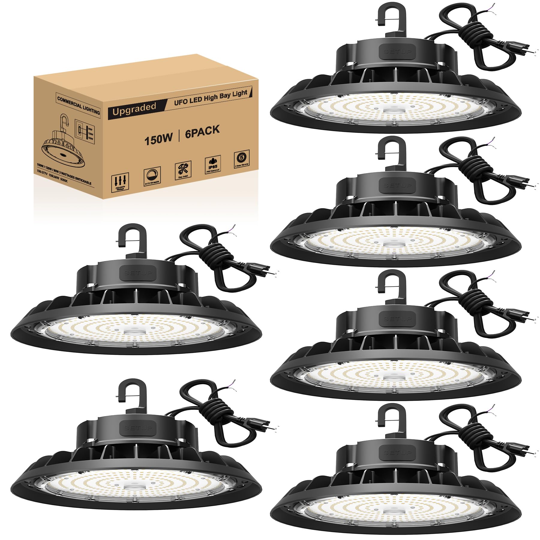 JC-LGL UFO LED High Bay Light 150W 6 Pack, High Bay LED Shop Light 22,500LM 0-10