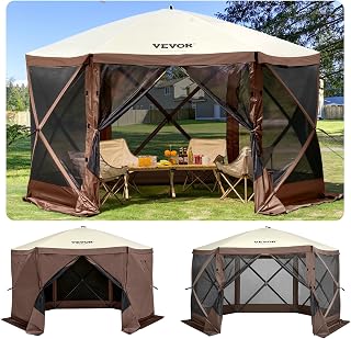 VEVOR 12×12ft Pop Up Gazebo Screen Tent, 6-Sided Camping Canopy Shelter | 6 Removable Privacy Wind Cloths & Full Mesh Mosquito Netting — Bug-Proof on All Sides with Airflow for Outdoor Camping