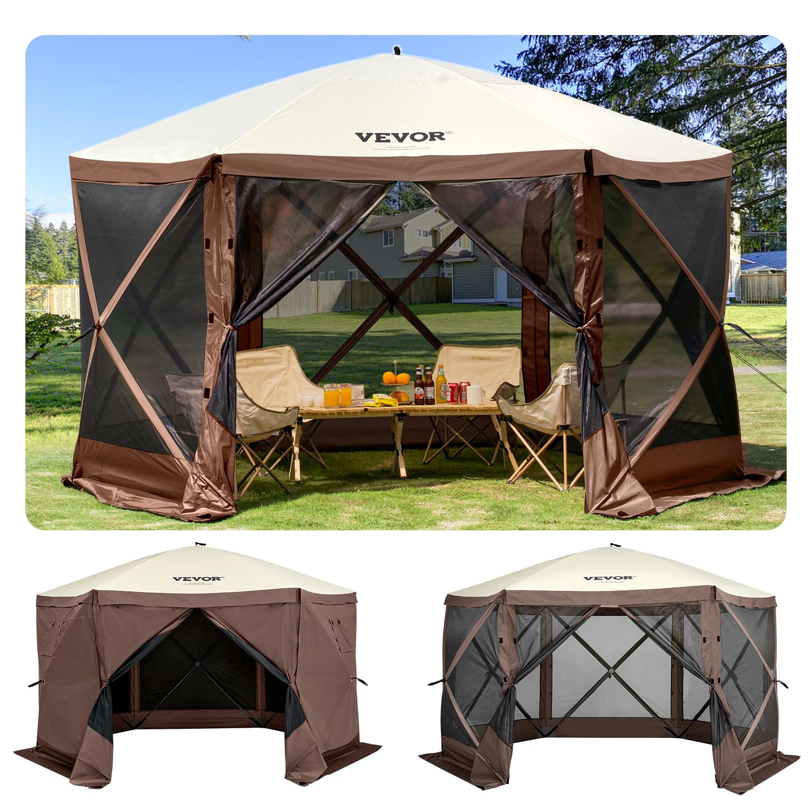 VEVOR 12×12ft Pop Up Gazebo Screen Tent, 6-Sided Camping Canopy Shelter | 6 Remo