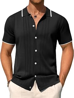 Alimens & Gentle Camicia da uomo in maglia a maniche corte con bottoni, camicia testurizzata casual estiva da spiaggia
