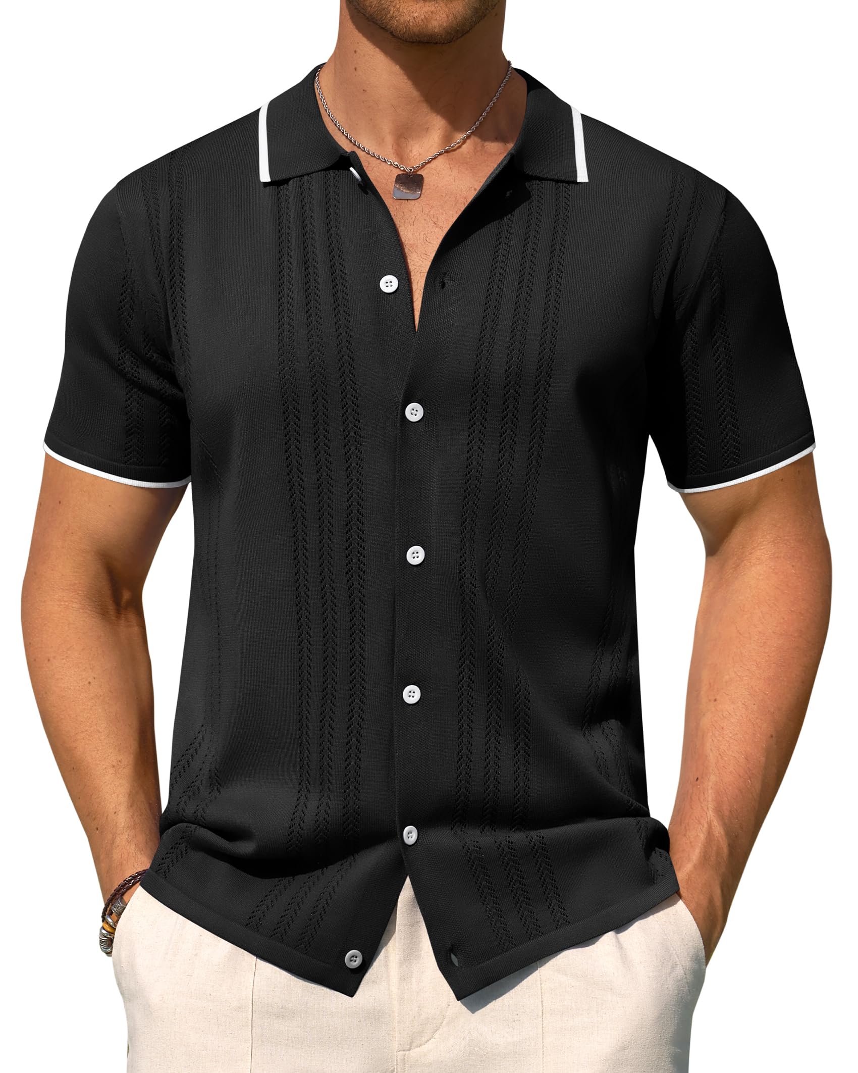 Alimens & Gentle Camicia da uomo in maglia a maniche corte con bottoni, camicia 