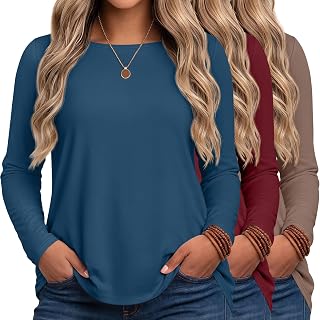 Ficerd 3 Pack Women's Plus Size Tops Long Sleeve T Shirts