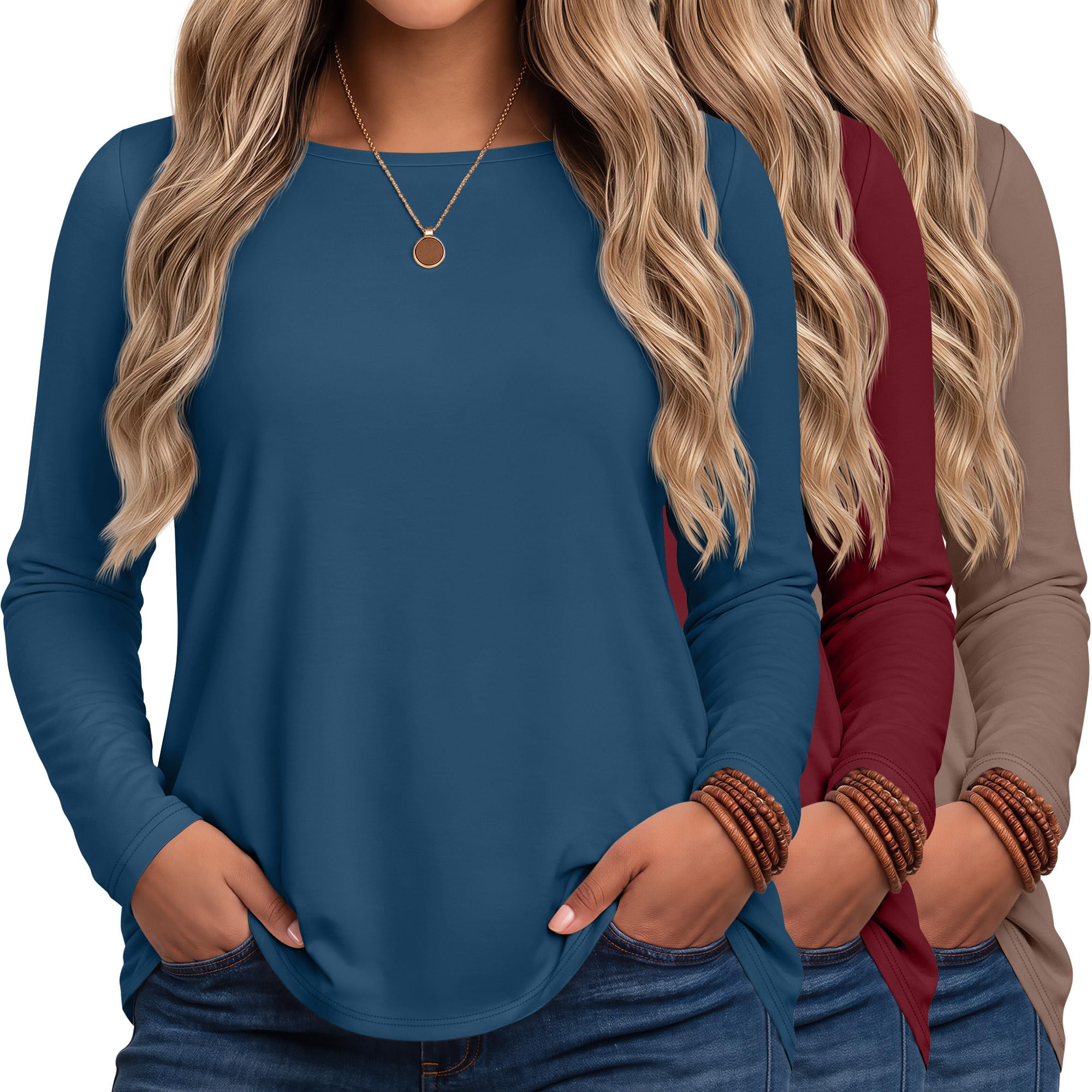 Ficerd 3 Pack Women's Plus Size Tops Long Sleeve T Shirts