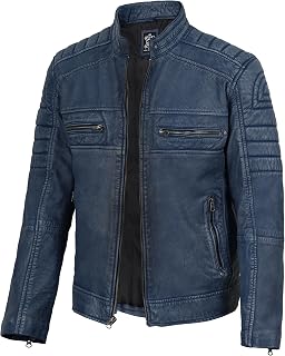 fjackets Cafe Racer Leather Jacket Men - Real Lambskin Moto Style, Stand Collar Zip-Up Leather Jacket for Men
